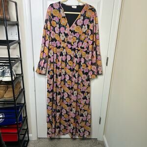 Pink Lily Dress Size 2XL Lined Floral Long Sleeves V-Neck